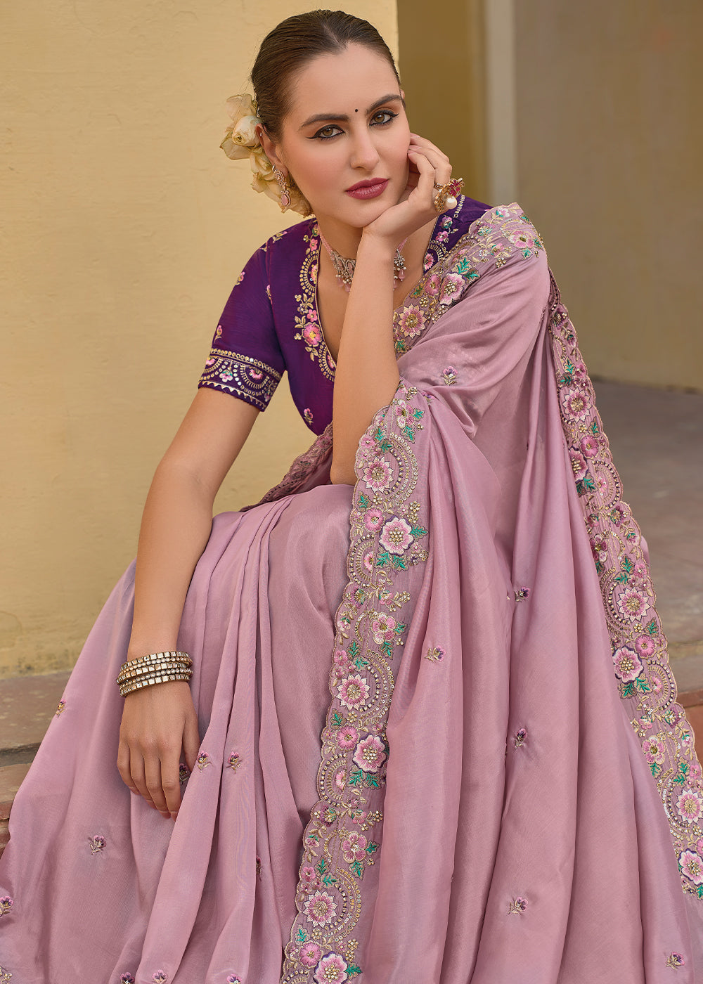 Viola Pink Tissue Organza Embroidered Silk Saree