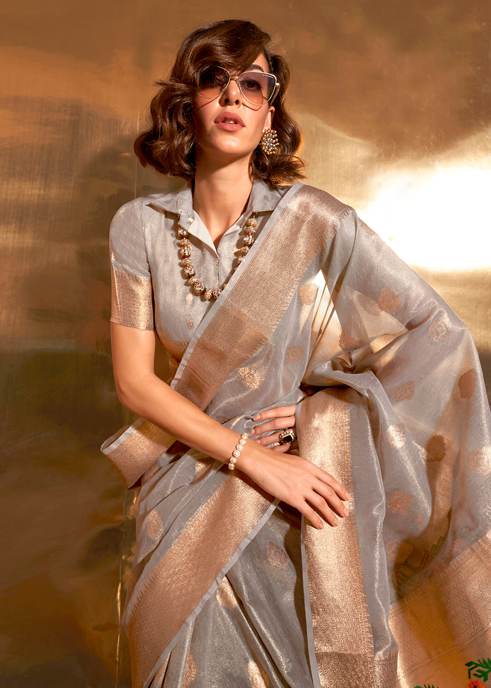 Pastel Grey Handloom Tissue Silk Saree