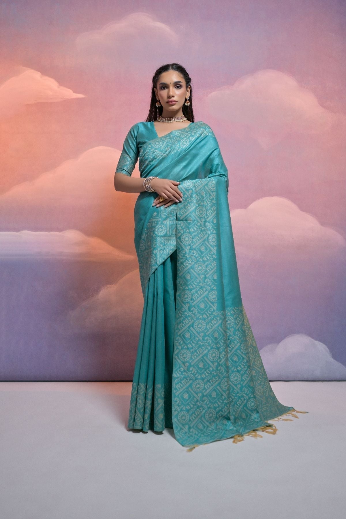 Bright Turquoise Blue Raw Silk Saree