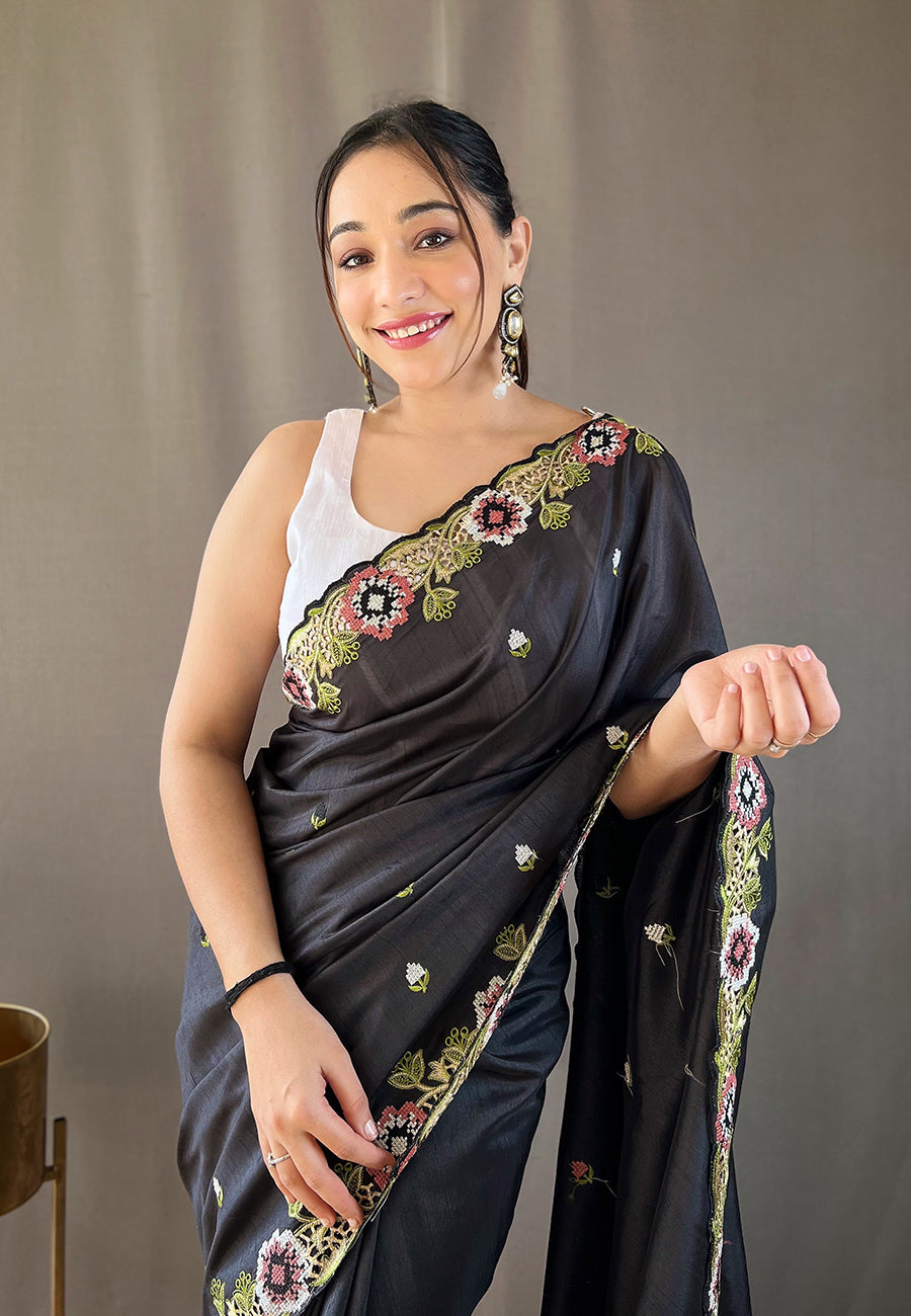 Mine Shaft Black Embroidered Tussar Silk Saree