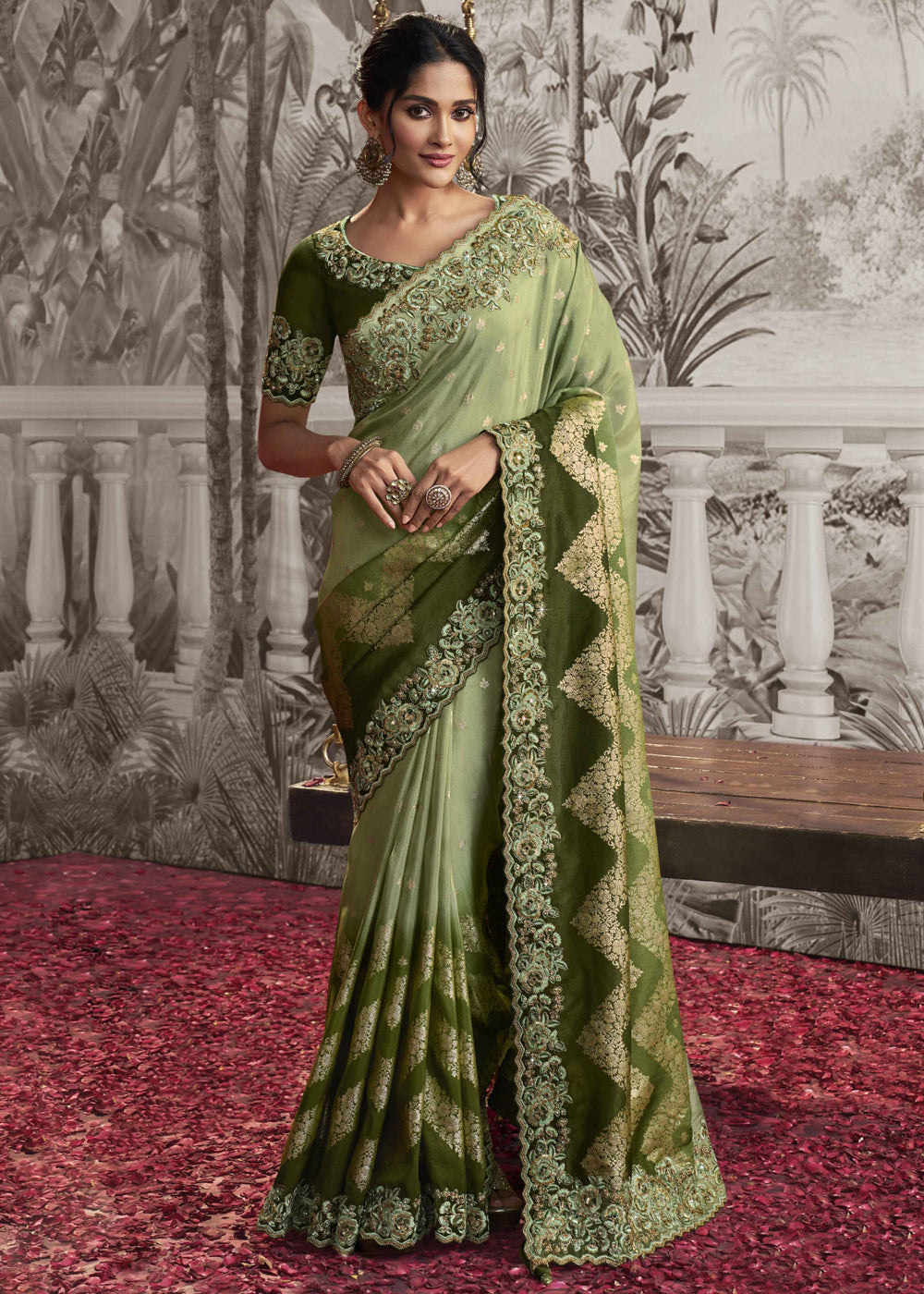 Venom Green Embroidered Designer Silk Saree