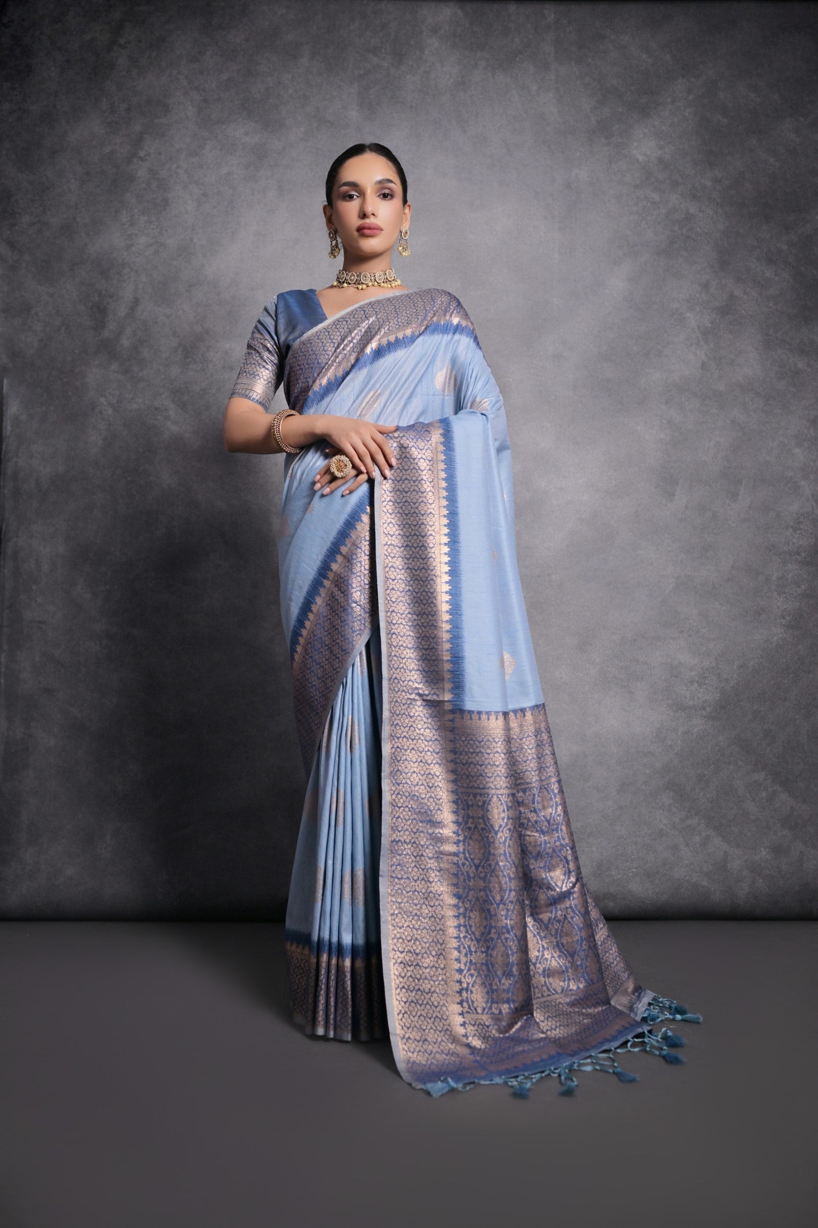 Perano Blue Tussar Temple Border Silk Saree