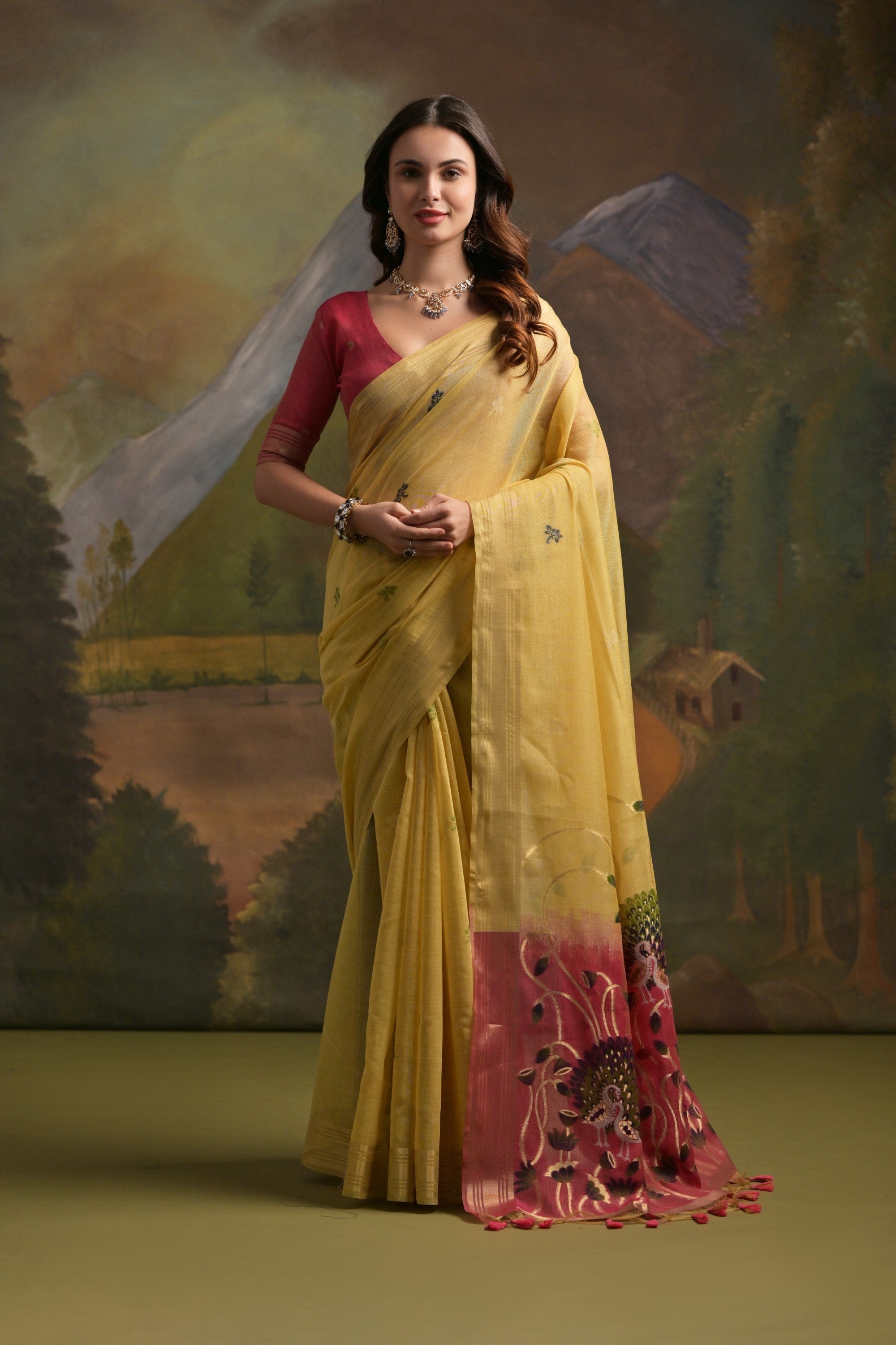 Bush Yellow Pichwai Woven Muga Cotton Saree