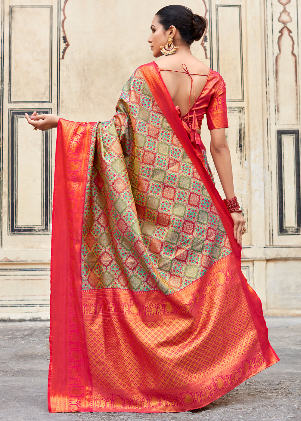 Indian Khaki Green and Red Woven Banarasi Silk Saree