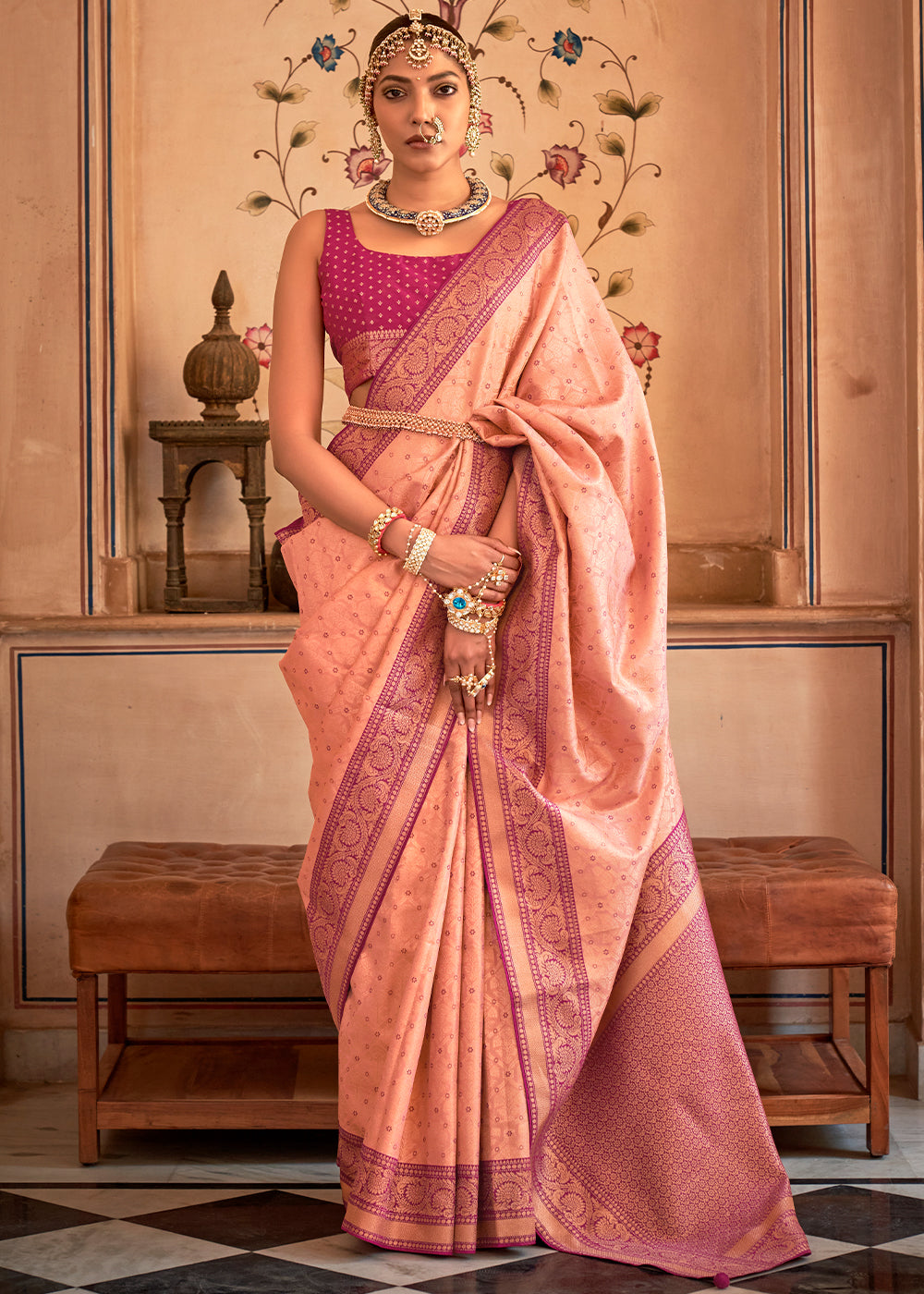 Plum Peach Zari Woven Banarasi Silk Saree