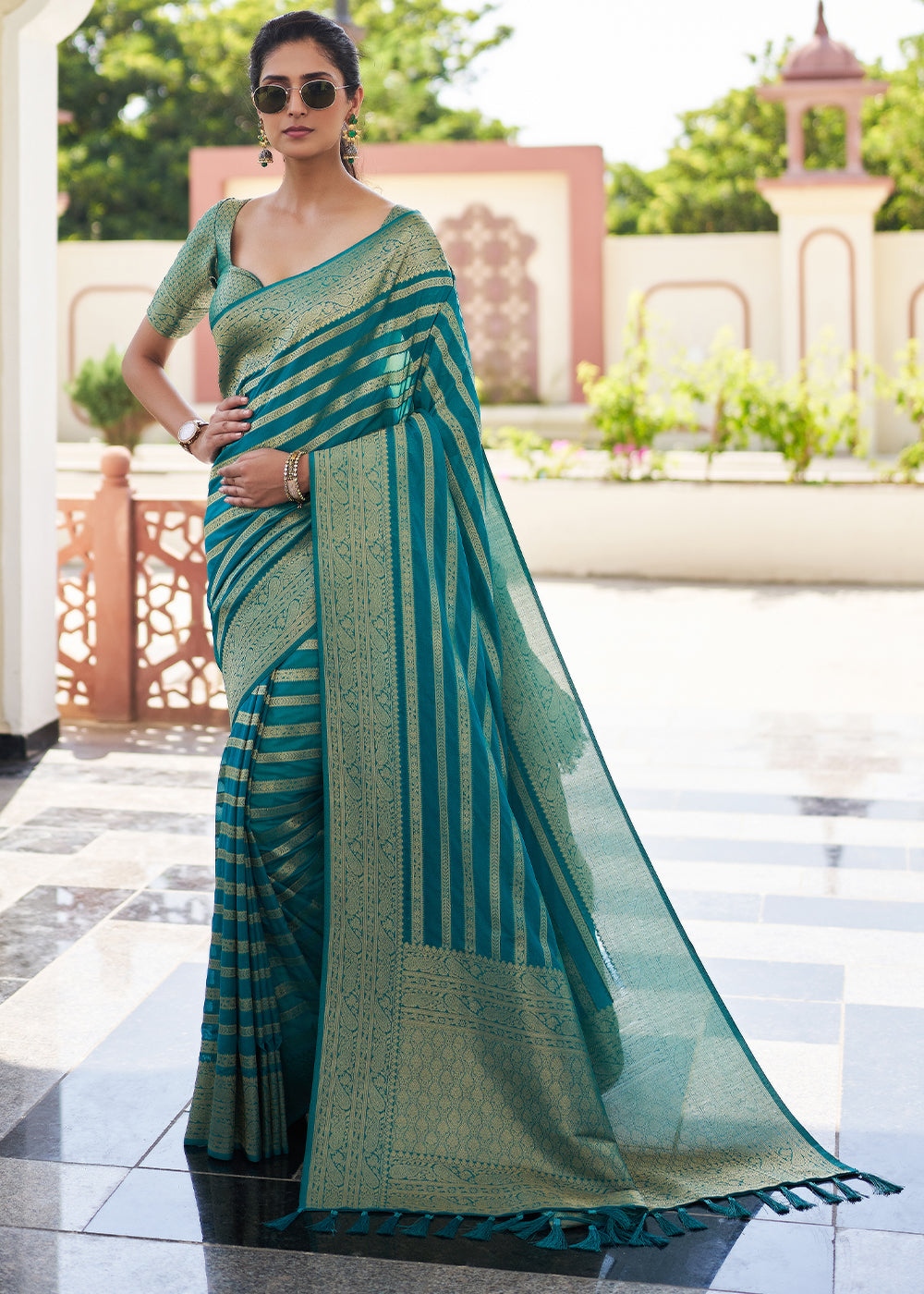 Elm Blue Woven Lehriya Georgette Saree