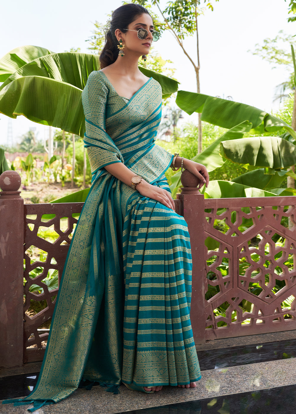 Elm Blue Woven Lehriya Georgette Saree