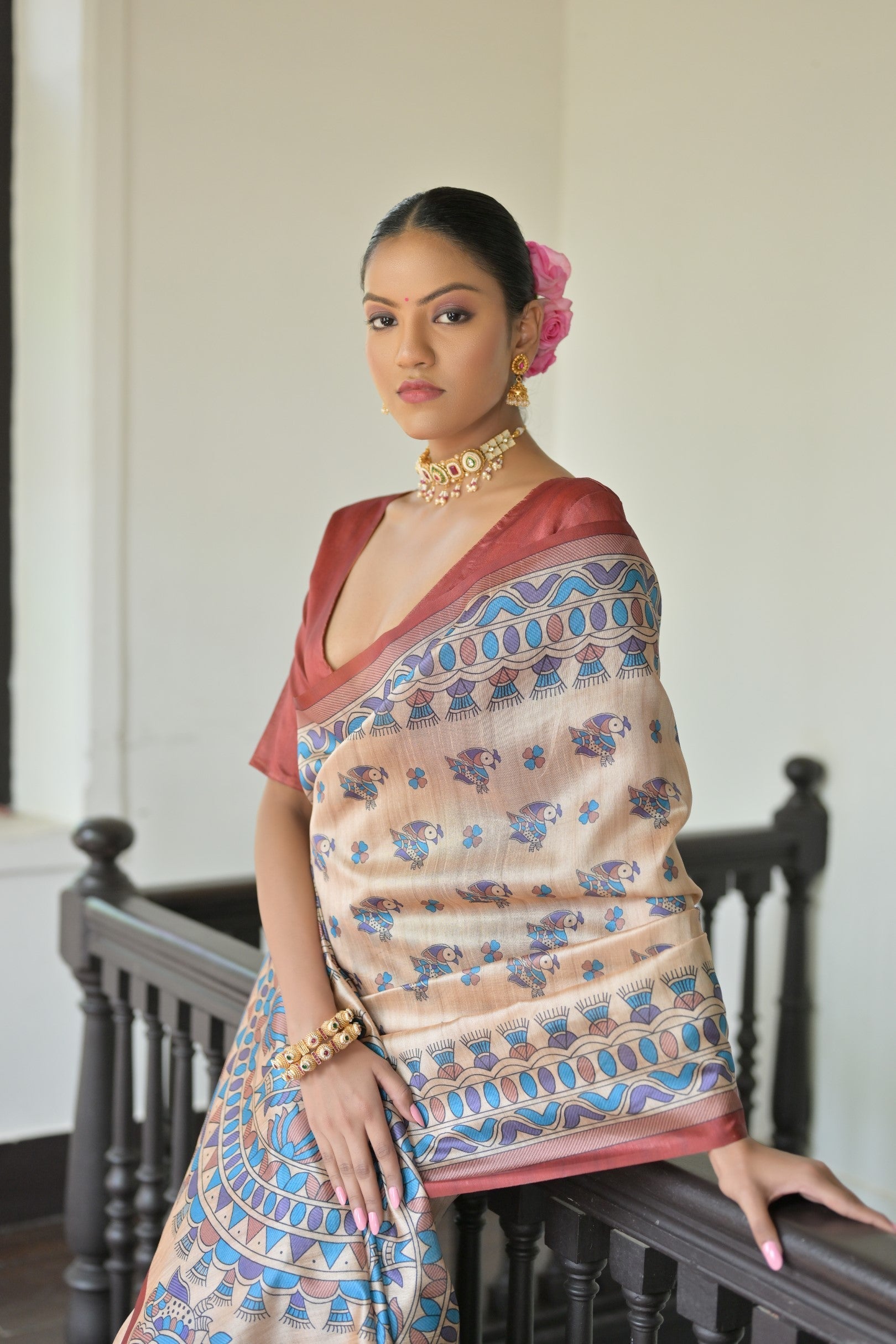 Vanilla Cream and Red Madhubani Printed Tussar Silk Saree