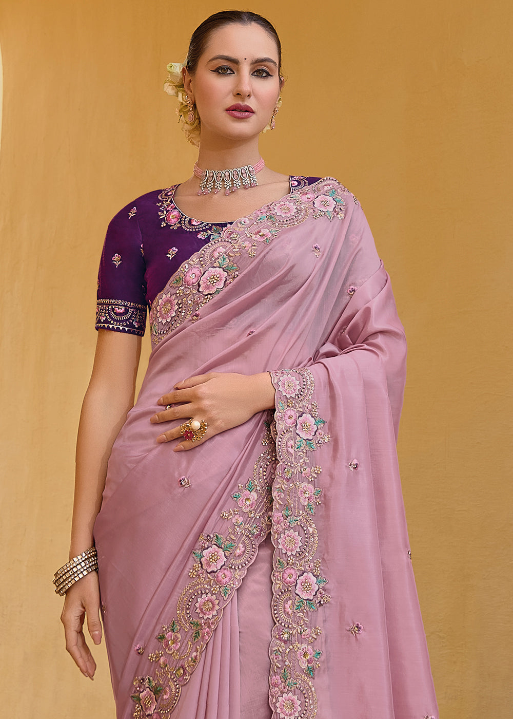 Viola Pink Tissue Organza Embroidered Silk Saree