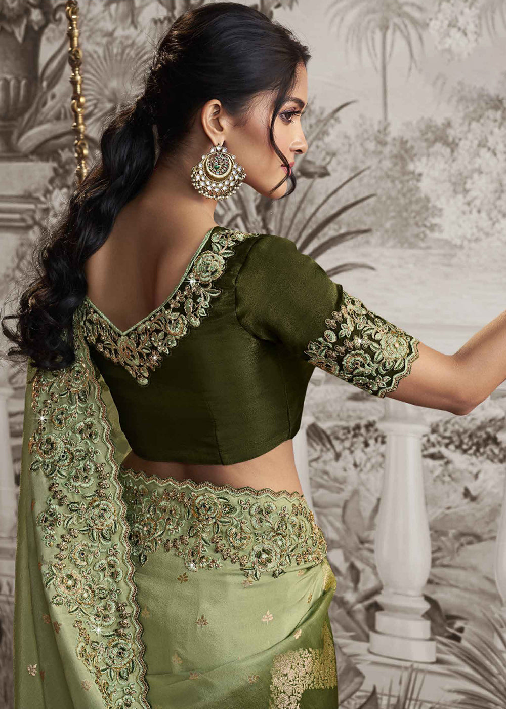 Venom Green Embroidered Designer Silk Saree