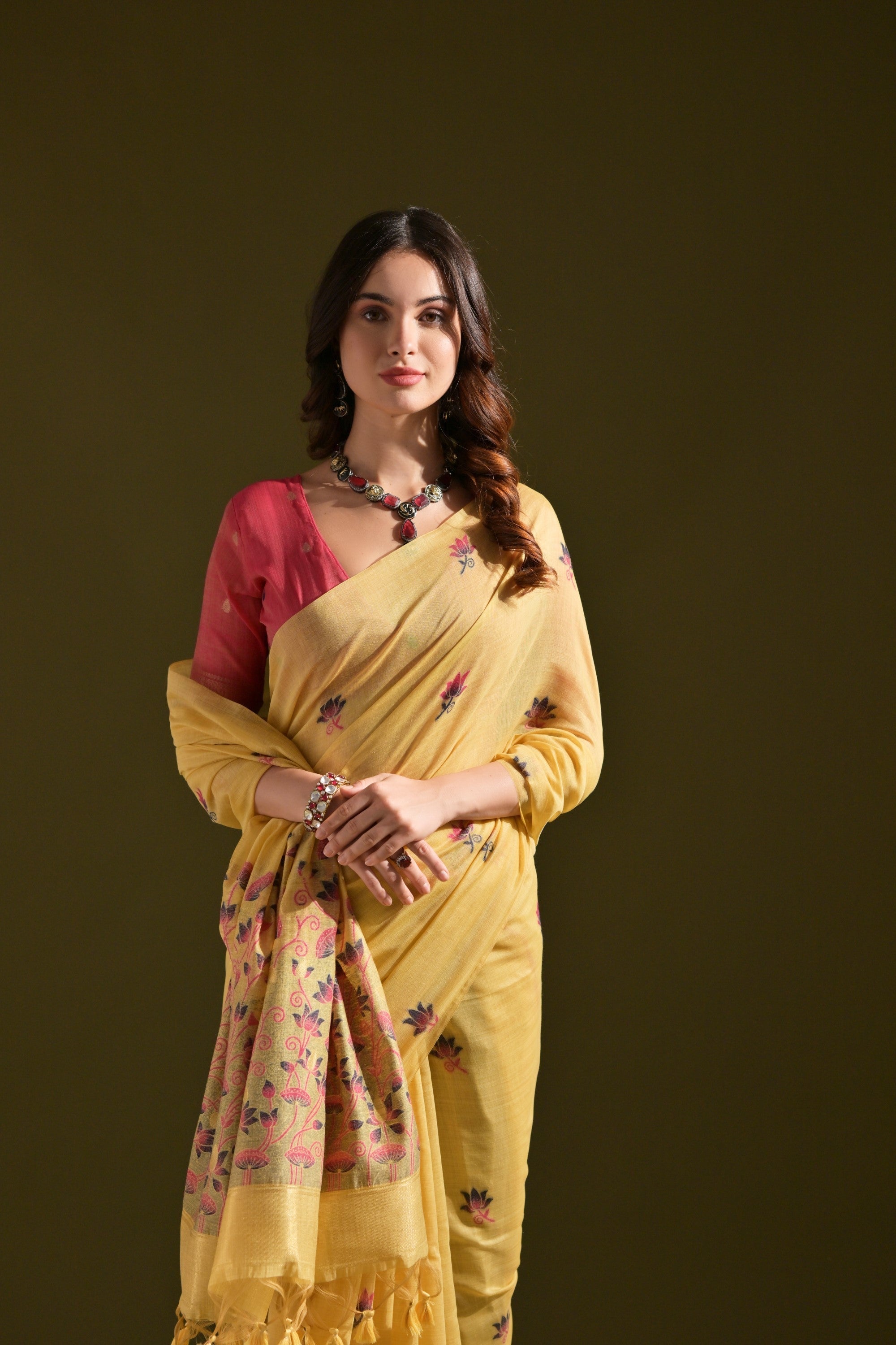 Chalky Yellow Meenakari Woven Muga Cotton Saree