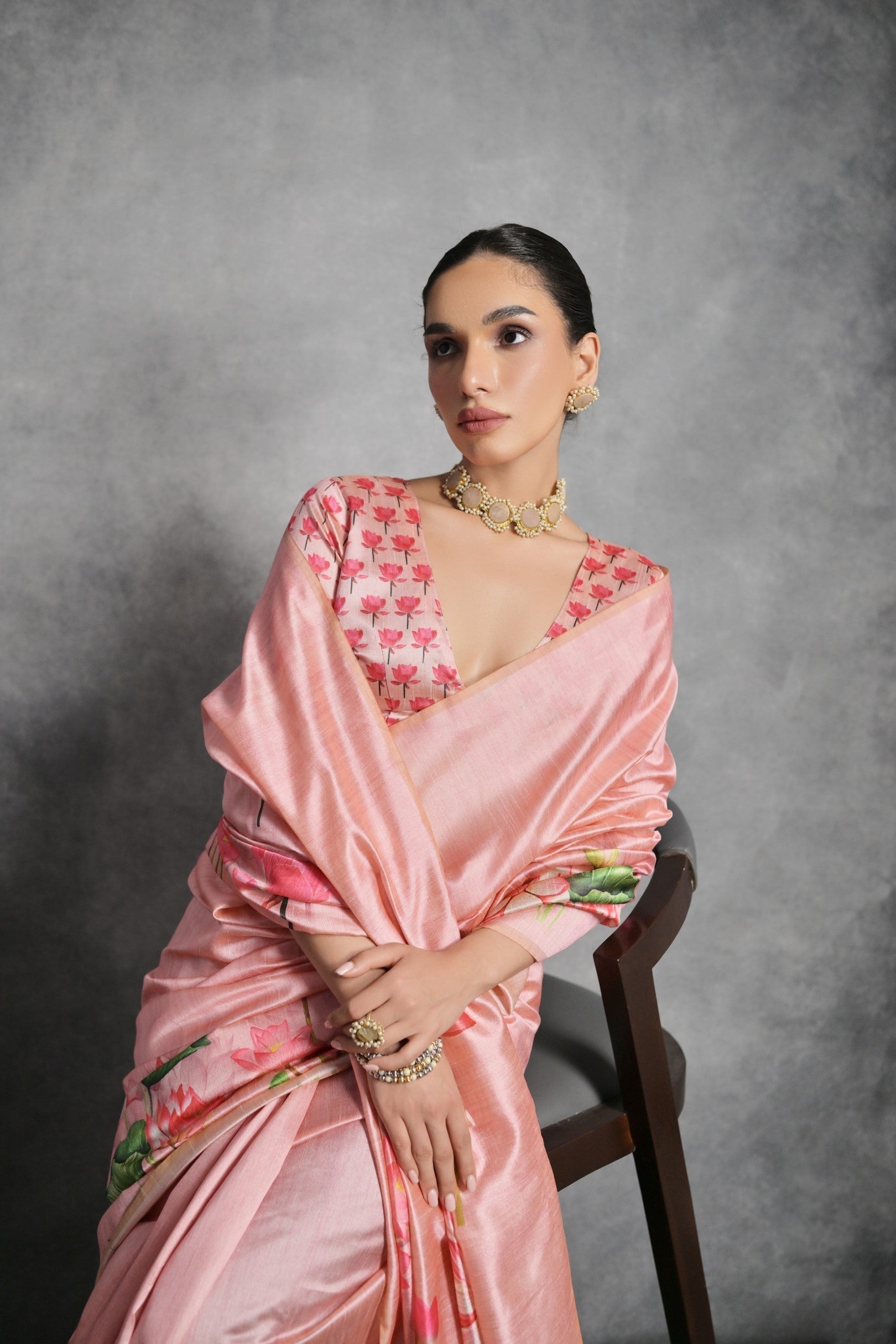 Oriental Pink Floral Printed Tussar Silk Saree