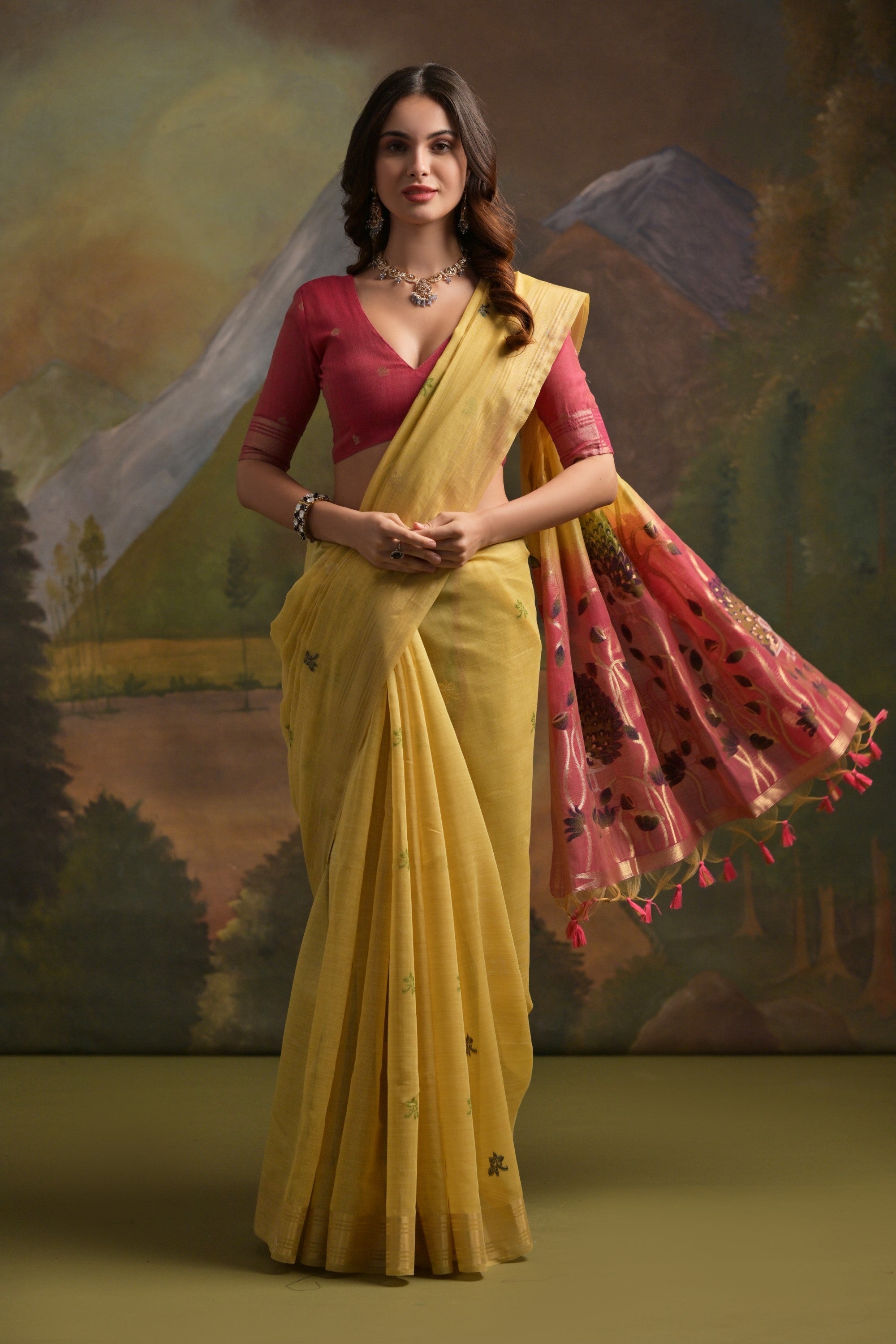 Bush Yellow Pichwai Woven Muga Cotton Saree