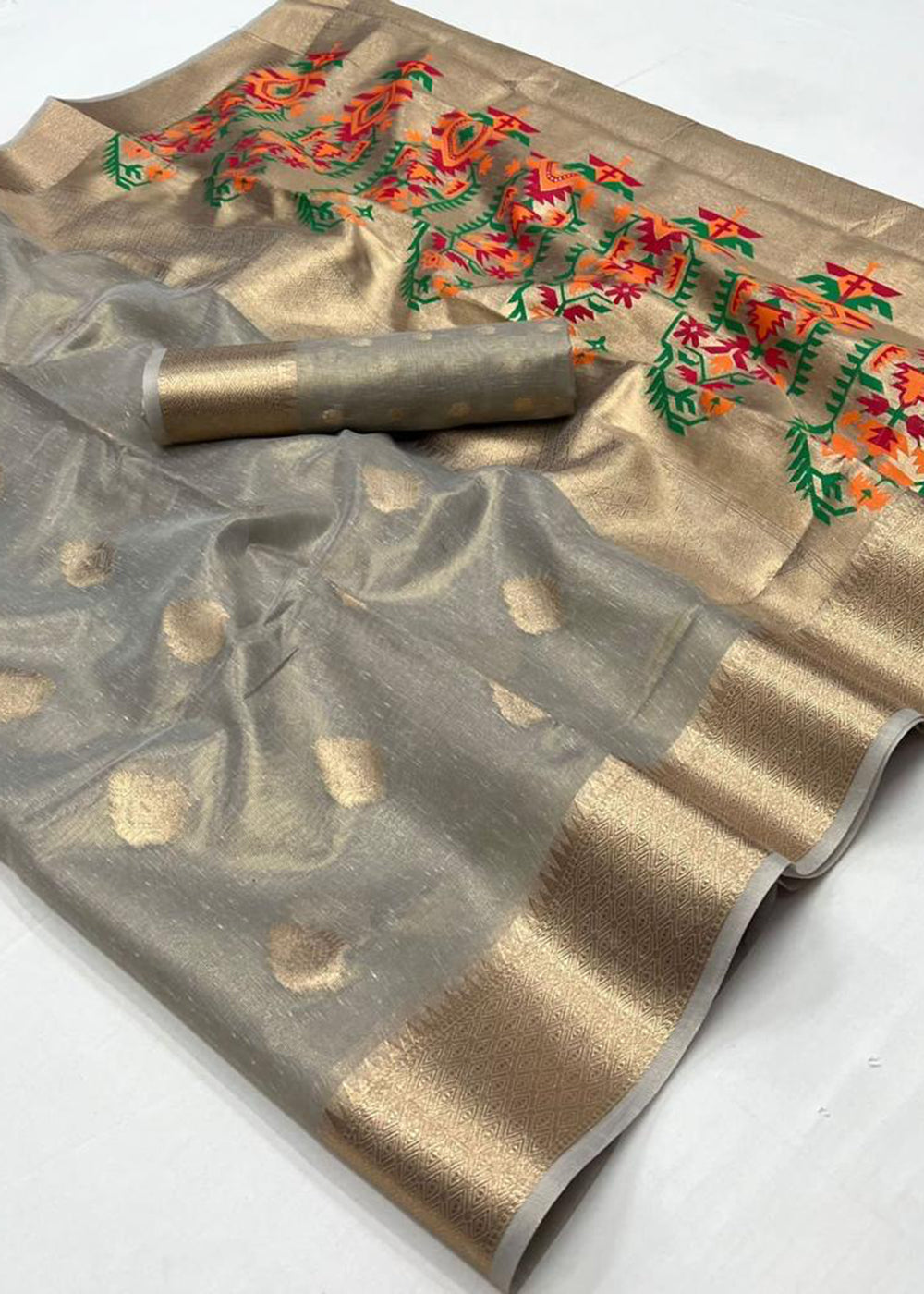 Pastel Grey Handloom Tissue Silk Saree