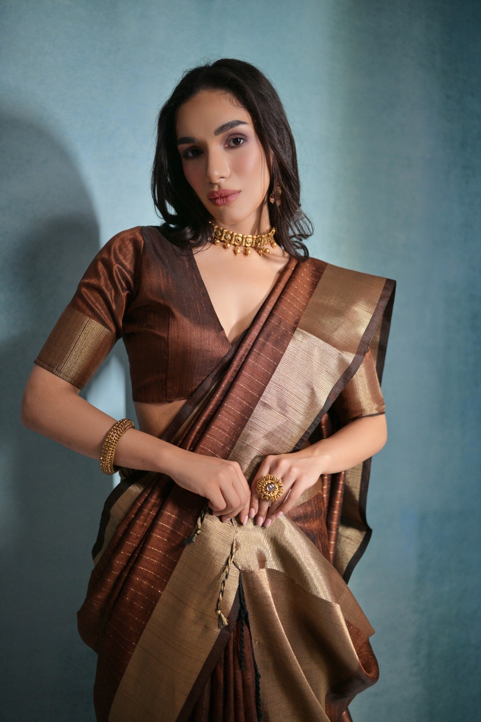 Coco Brown Woven Raw Silk Saree