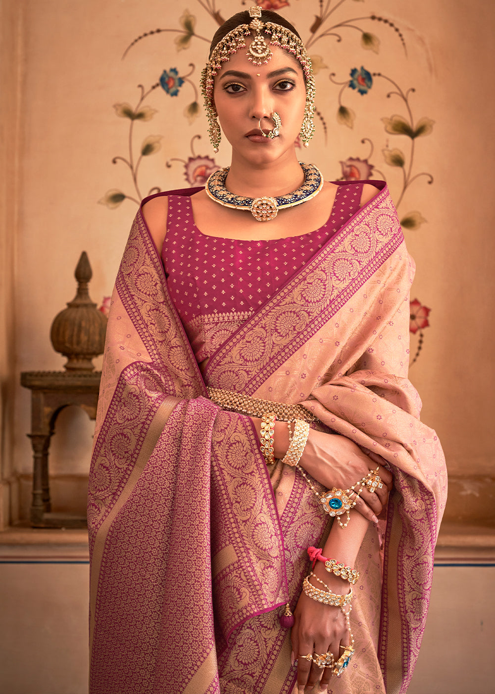 Plum Peach Zari Woven Banarasi Silk Saree