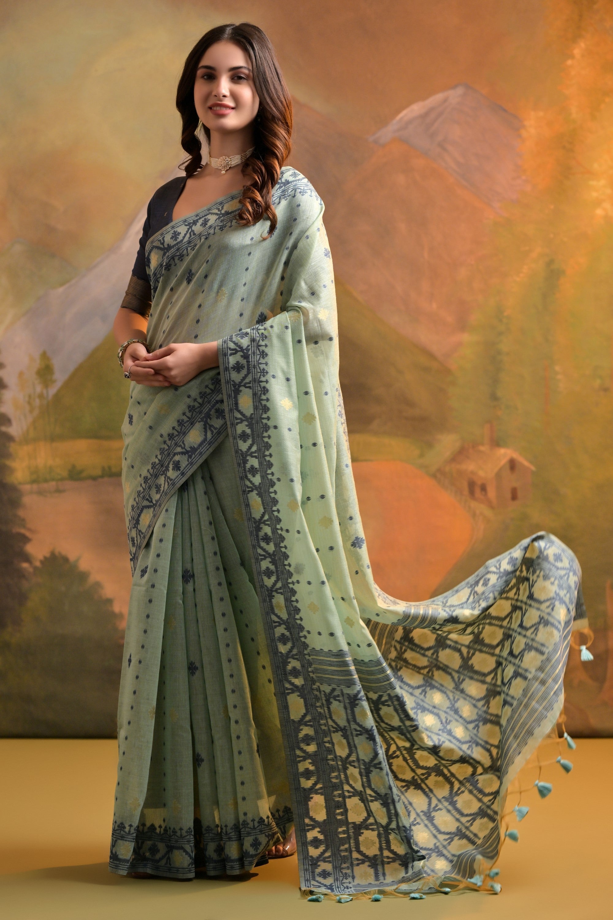 Eagle Green Jamdani Woven Muga Cotton Saree