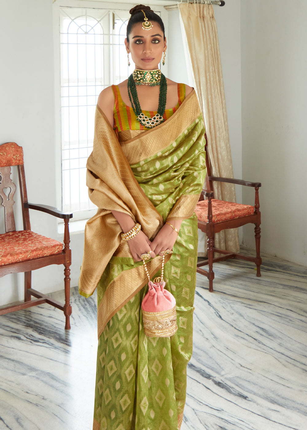 Reef Green Woven Banarasi Organza Silk Saree