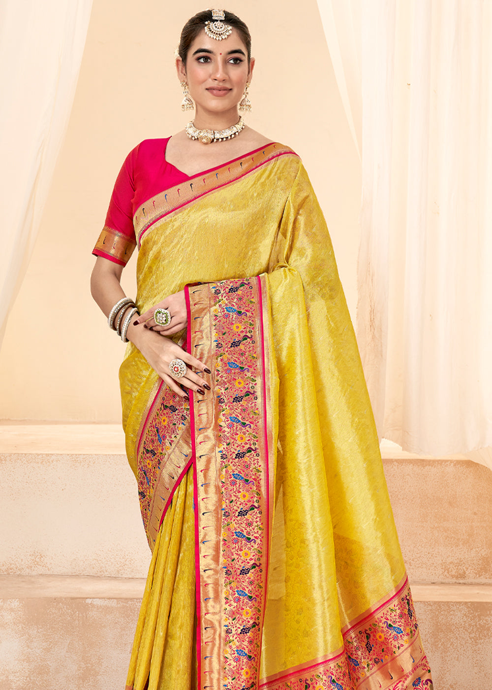 Sunset Pearl Yellow Woven Paithani Tissue Silk Saree