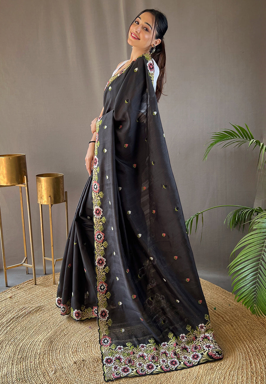 Mine Shaft Black Embroidered Tussar Silk Saree