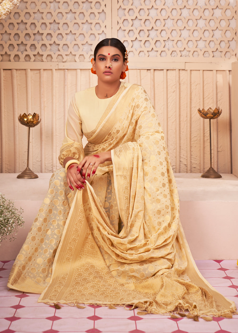 Manhattan Cream Woven Georgette Saree