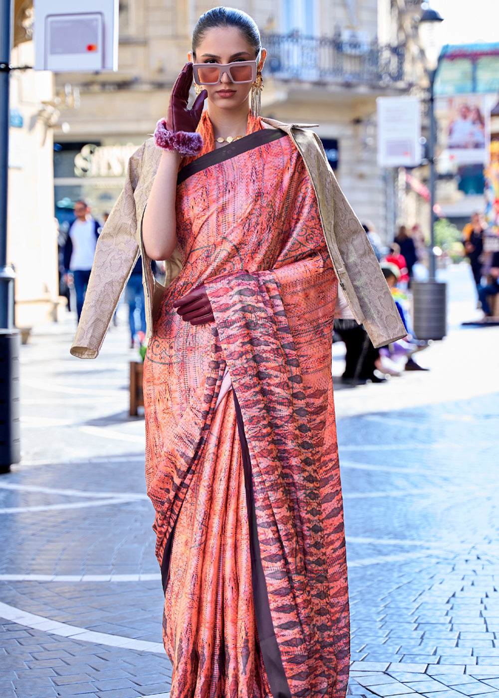 Georgia Peach Digital Printed Satin Silk Saree