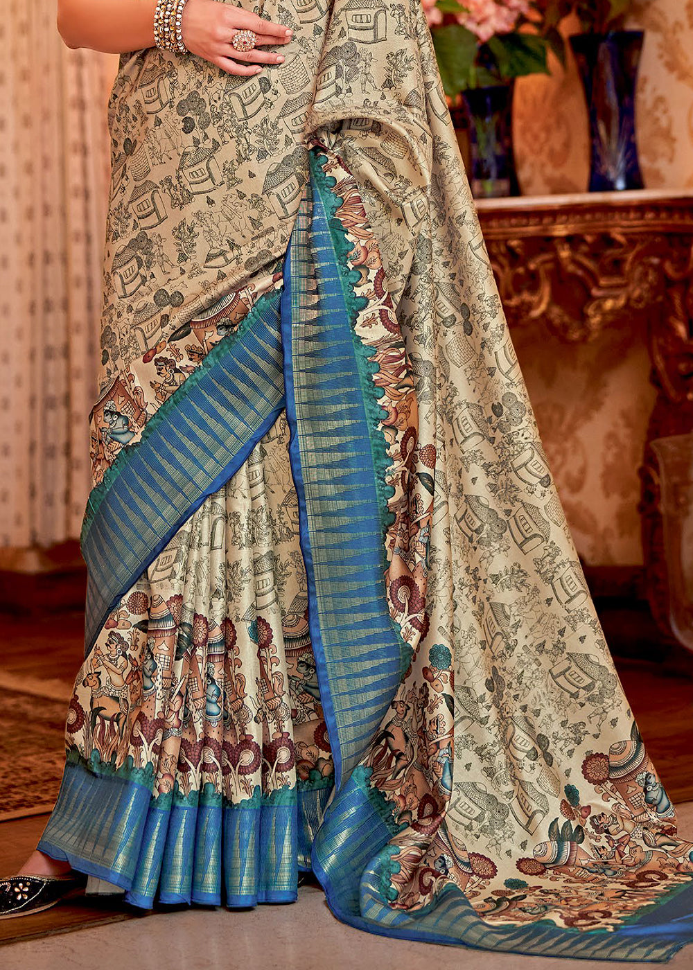 Beige Cream and Blue Manipuri Temple Printed Silk Saree