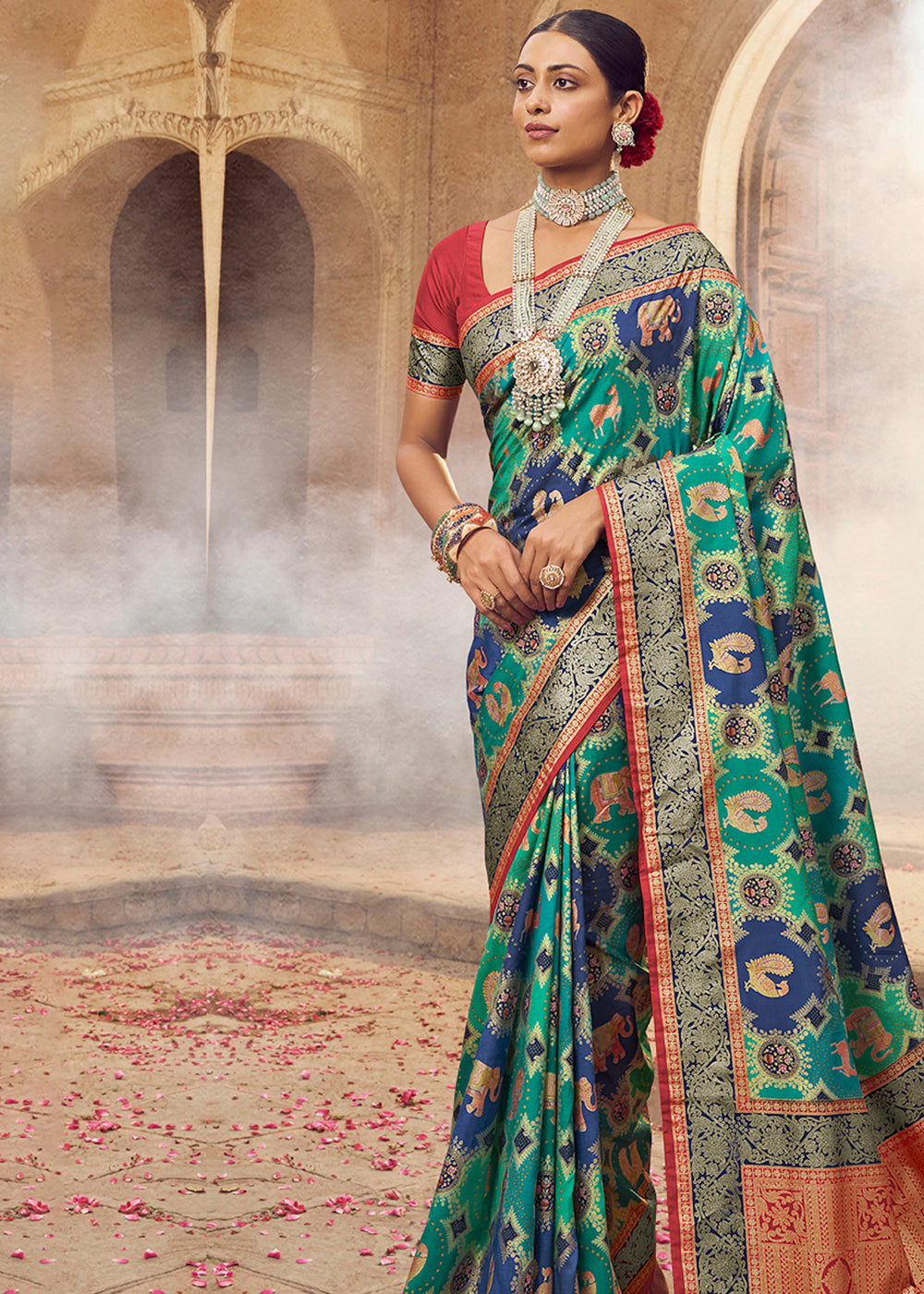 Peacock Green Woven Banarasi Silk Saree