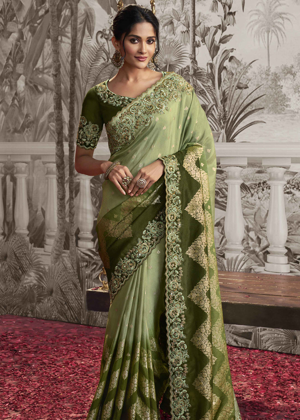 Venom Green Embroidered Designer Silk Saree