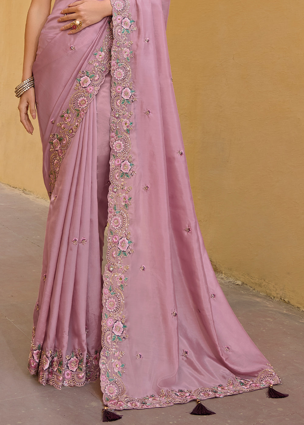 Viola Pink Tissue Organza Embroidered Silk Saree