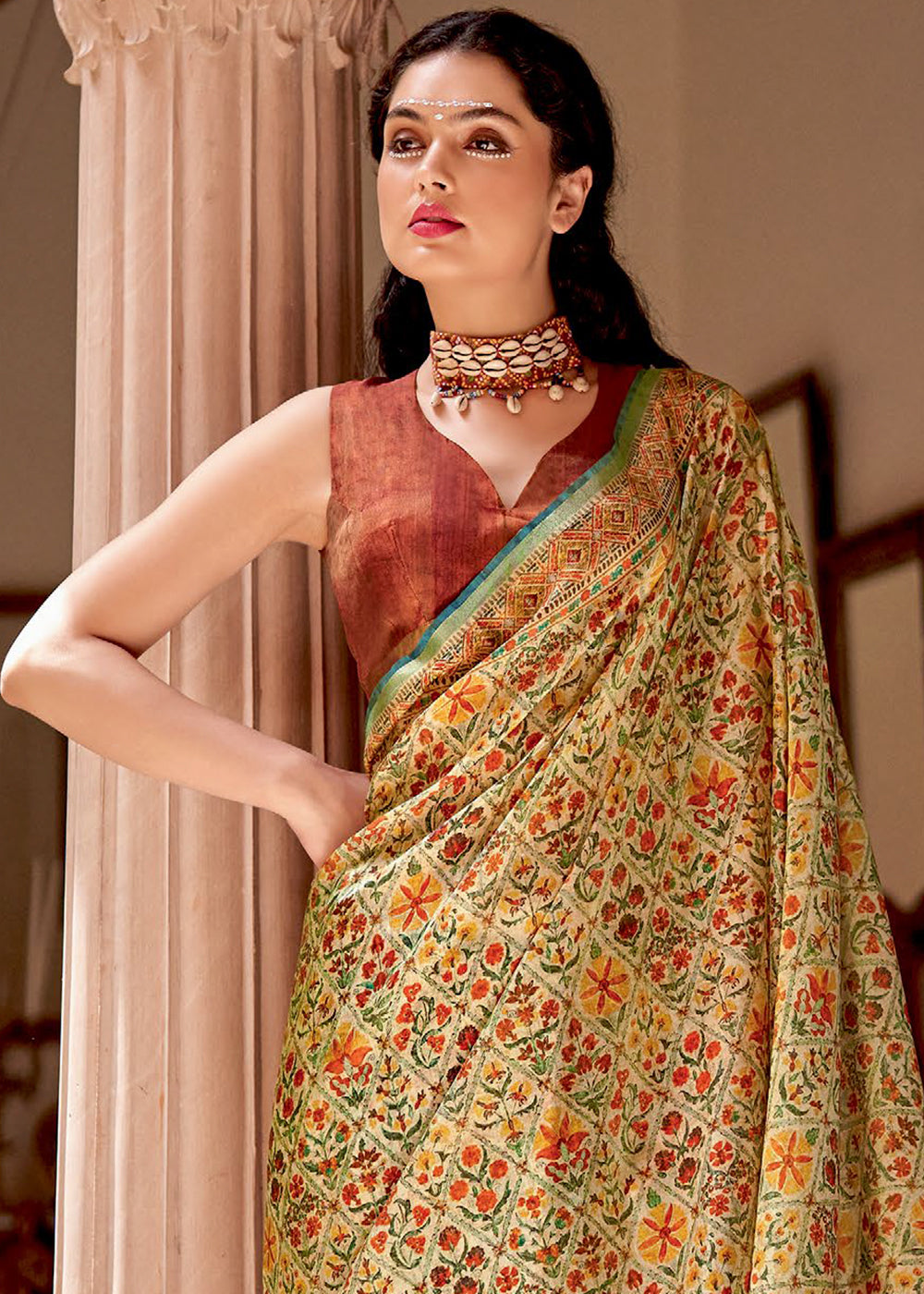 Desert Yellow Banarasi Printed Silk Saree