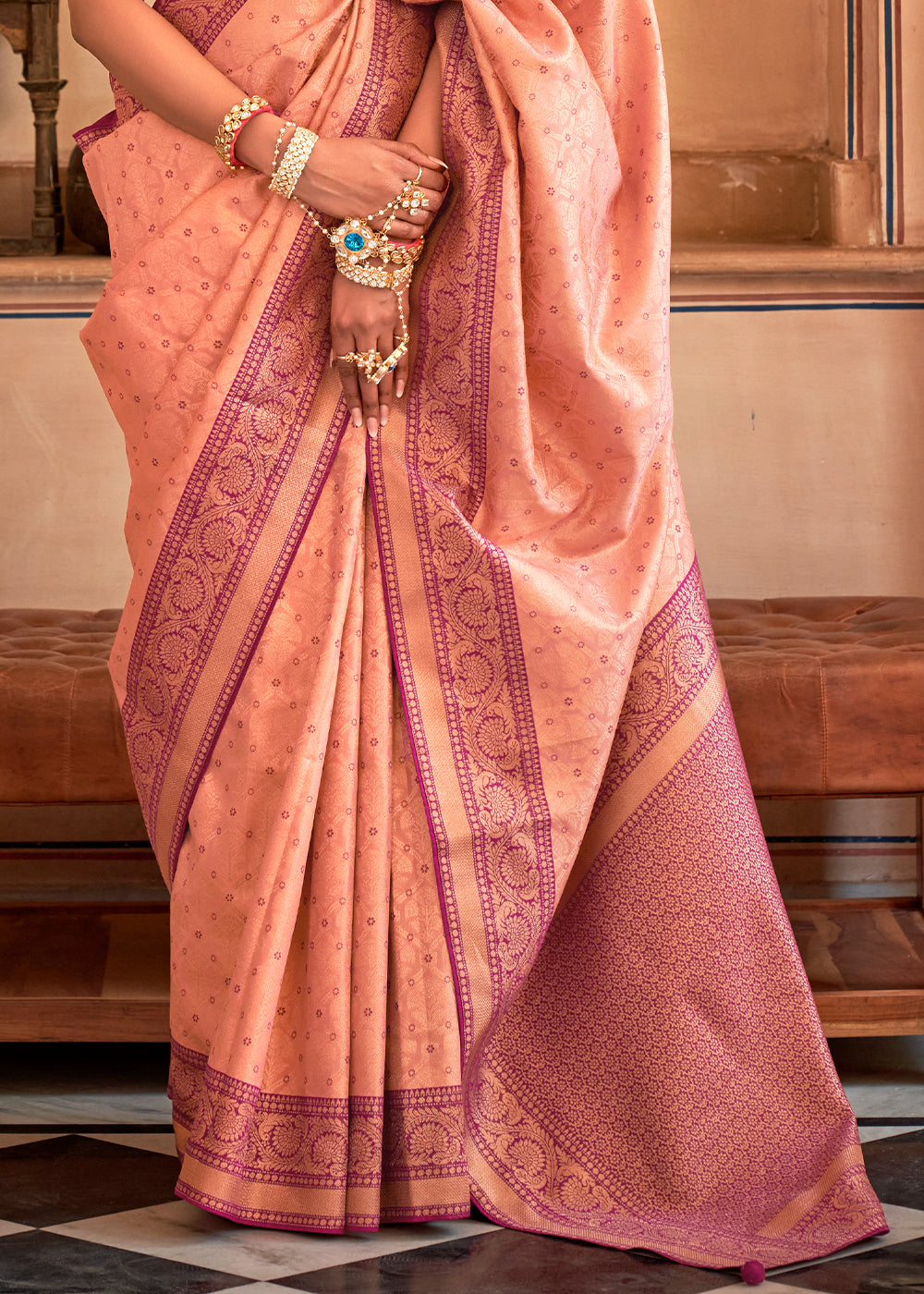 Plum Peach Zari Woven Banarasi Silk Saree