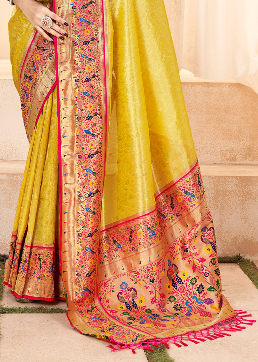 Sunset Pearl Yellow Woven Paithani Tissue Silk Saree