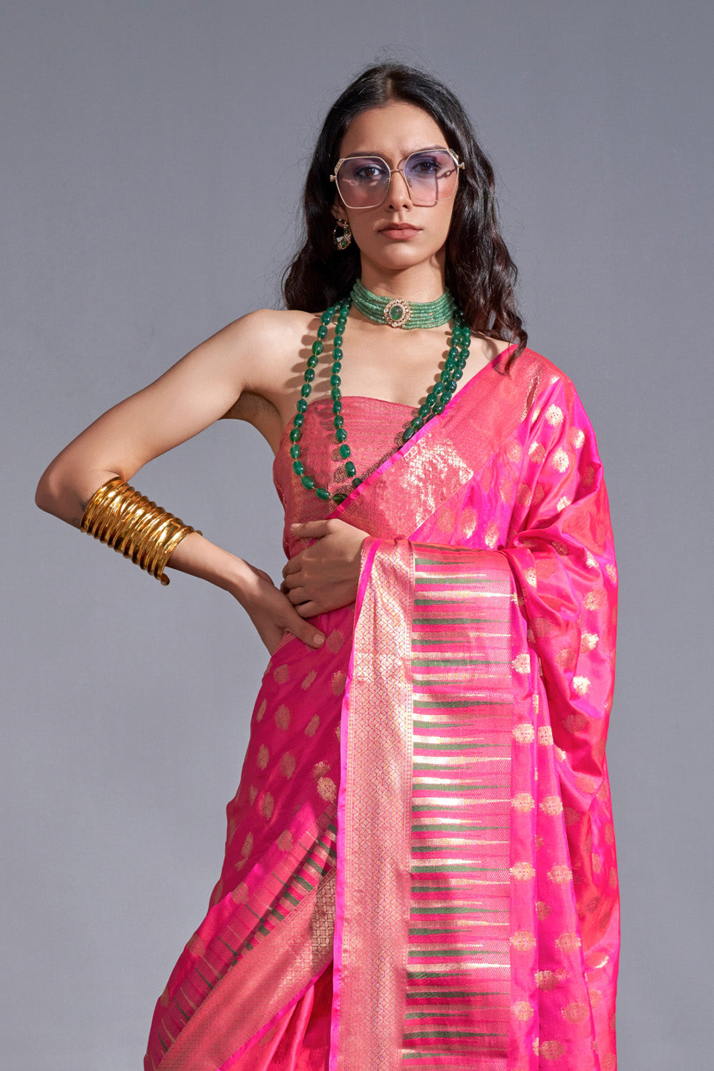 Hot Pink Banarasi Handloom Temple Border Silk Saree