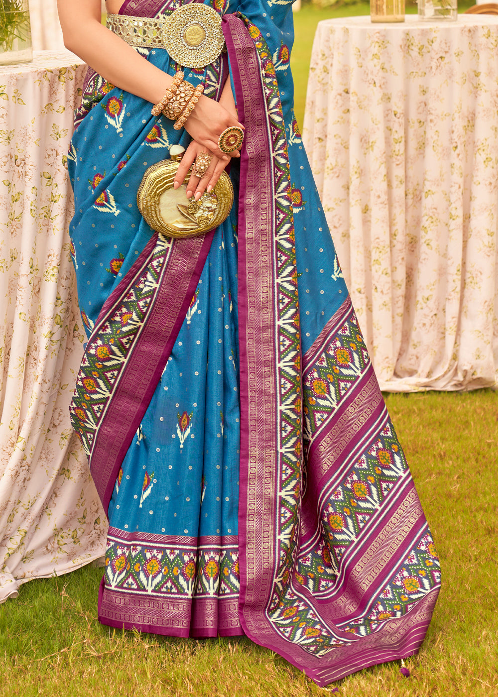 Matisse Blue Printed Patola Designer Silk Saree