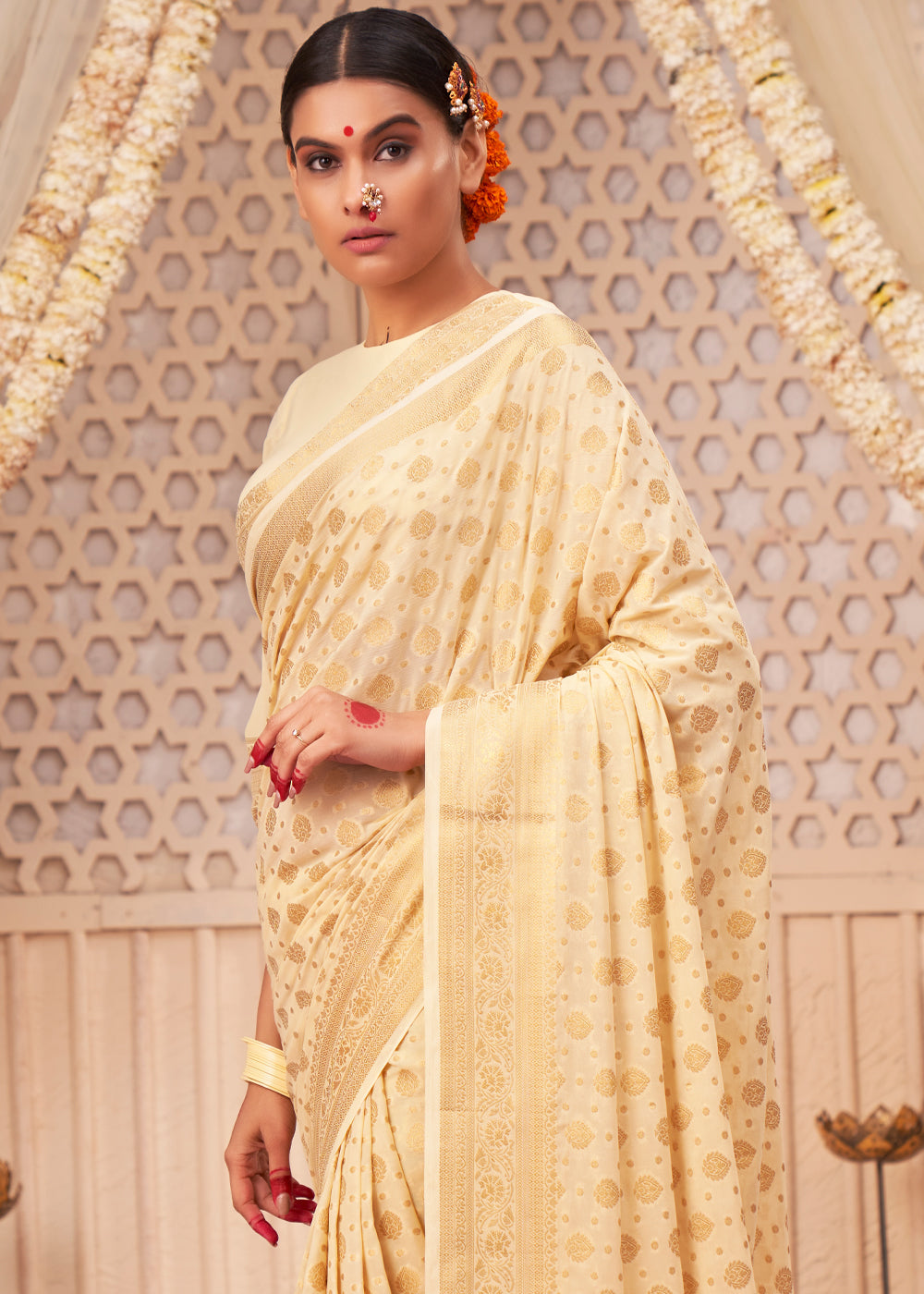 Manhattan Cream Woven Georgette Saree