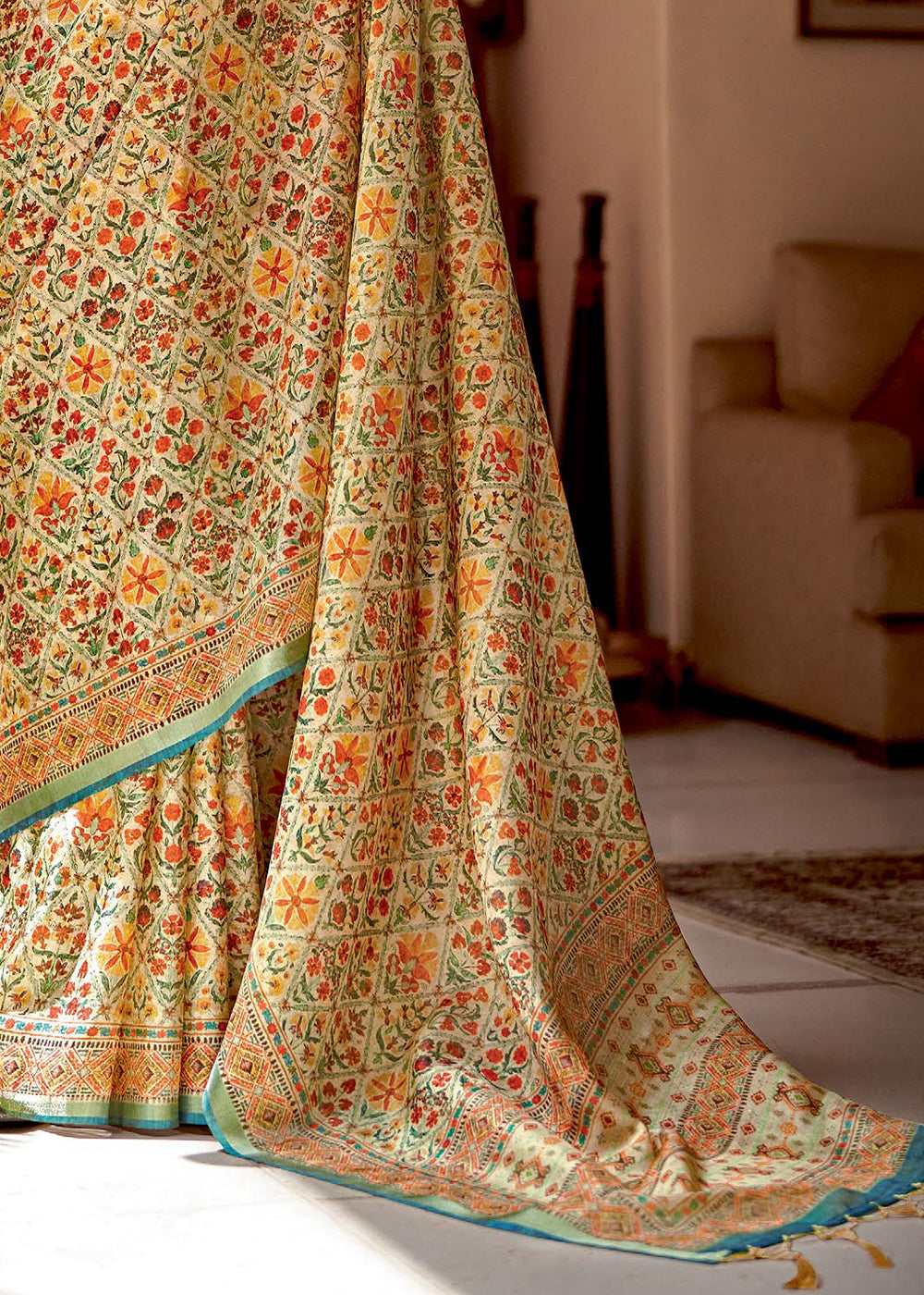 Desert Yellow Banarasi Printed Silk Saree