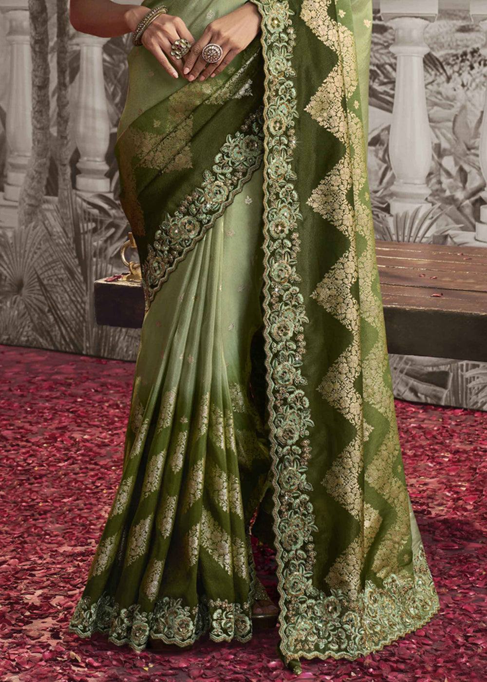 Venom Green Embroidered Designer Silk Saree