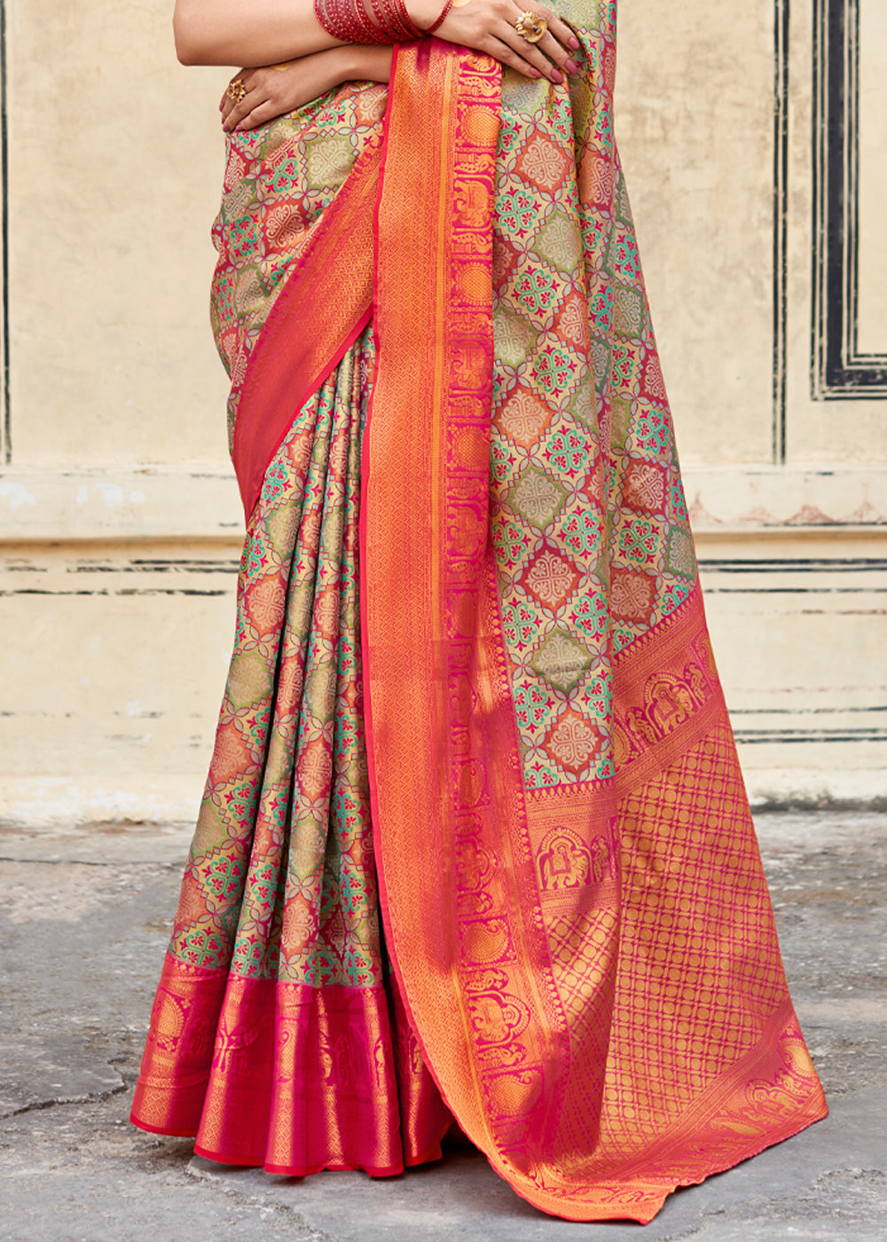 Indian Khaki Green and Red Woven Banarasi Silk Saree