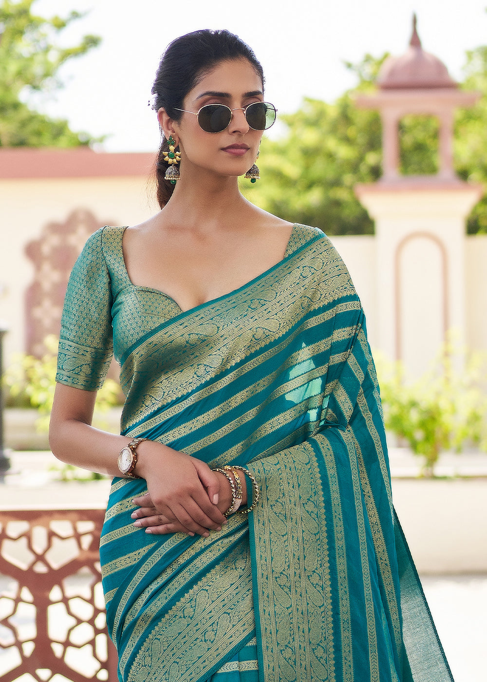 Elm Blue Woven Lehriya Georgette Saree