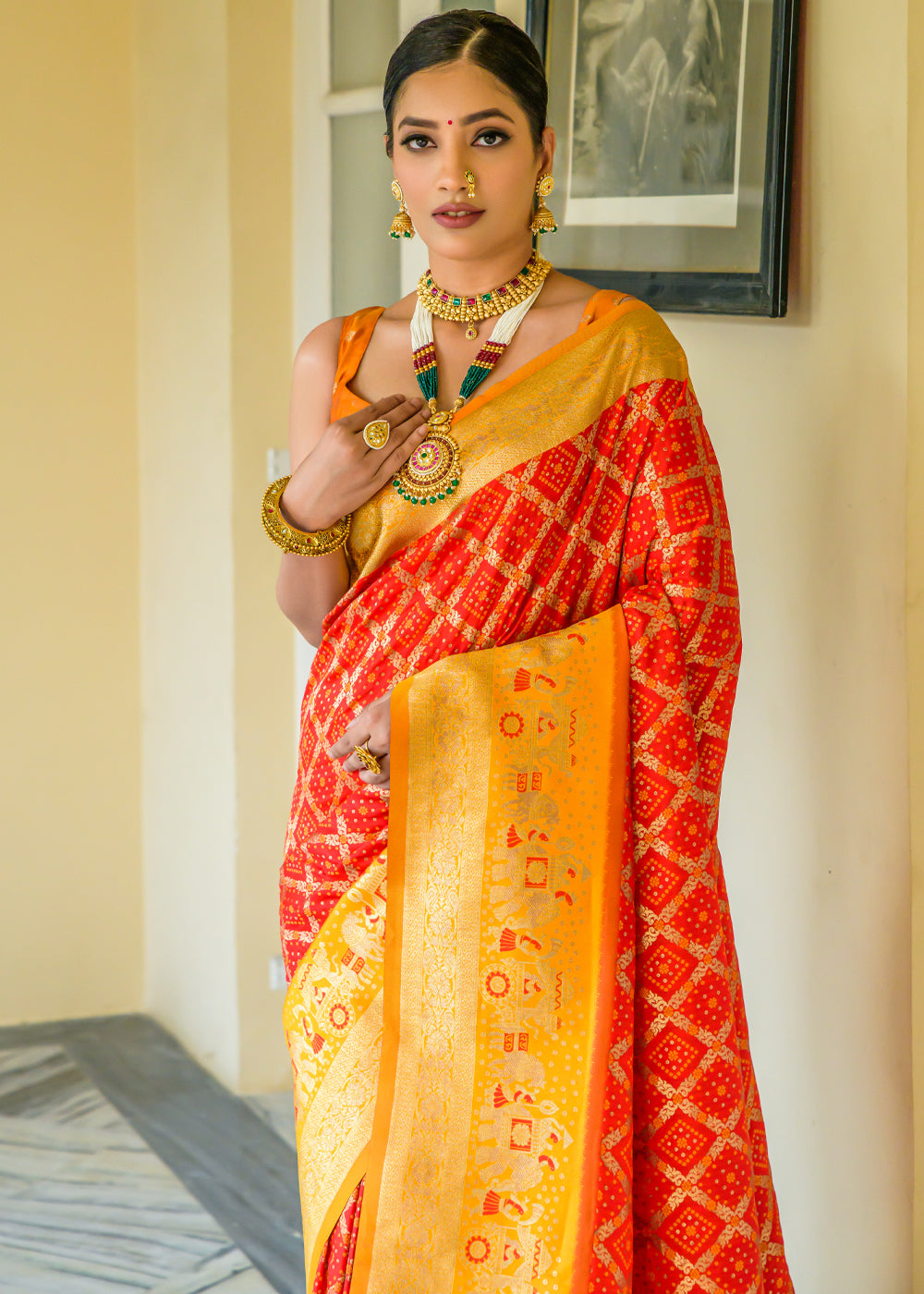 Outrageous Orange Woven Banarasi Bandhani Silk Saree