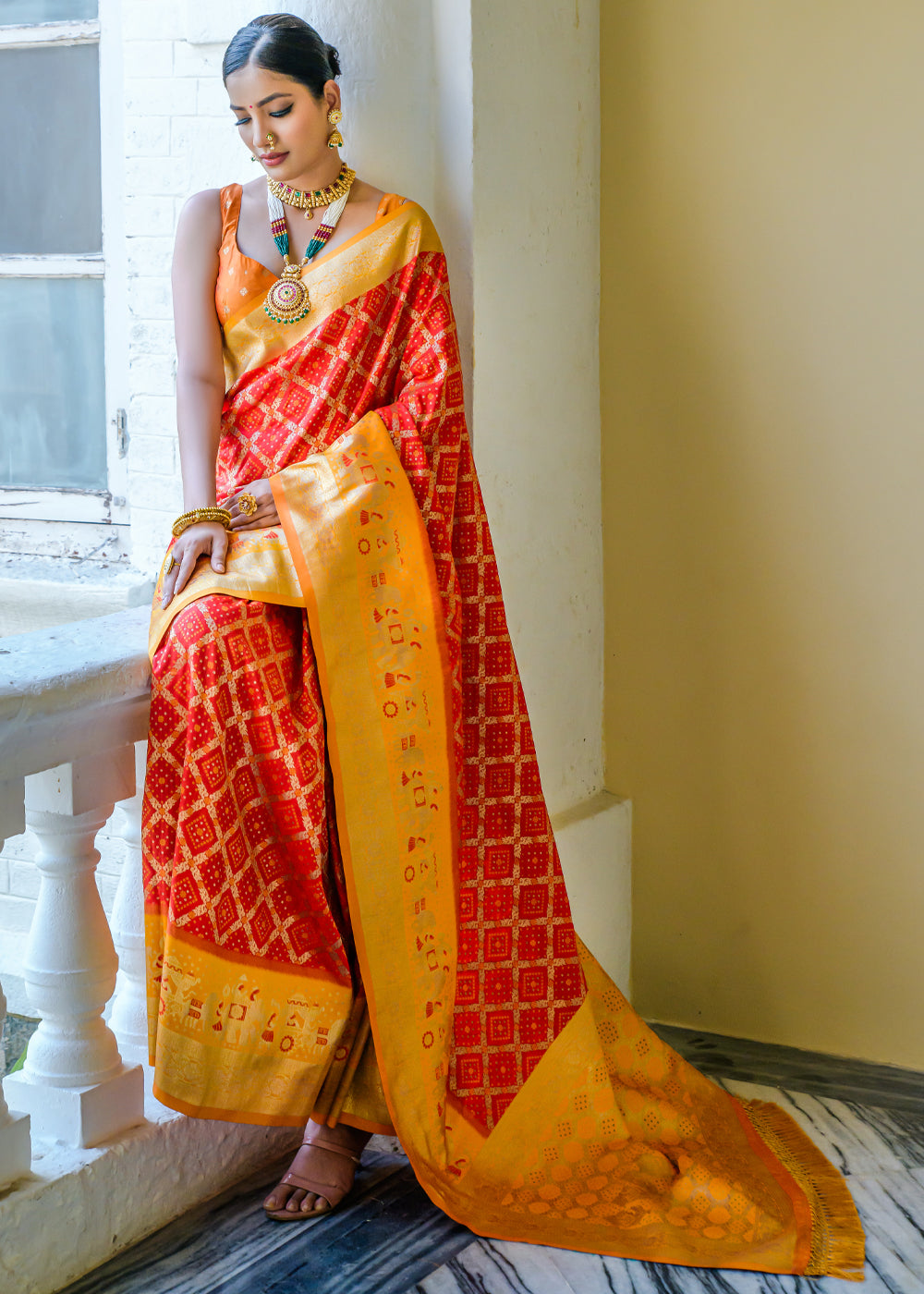 Outrageous Orange Woven Banarasi Bandhani Silk Saree