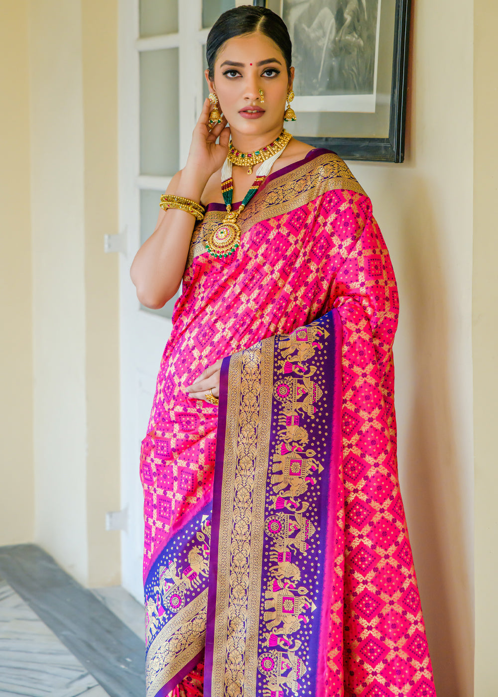 Magenta Pink Woven Banarasi Bandhani Silk Saree