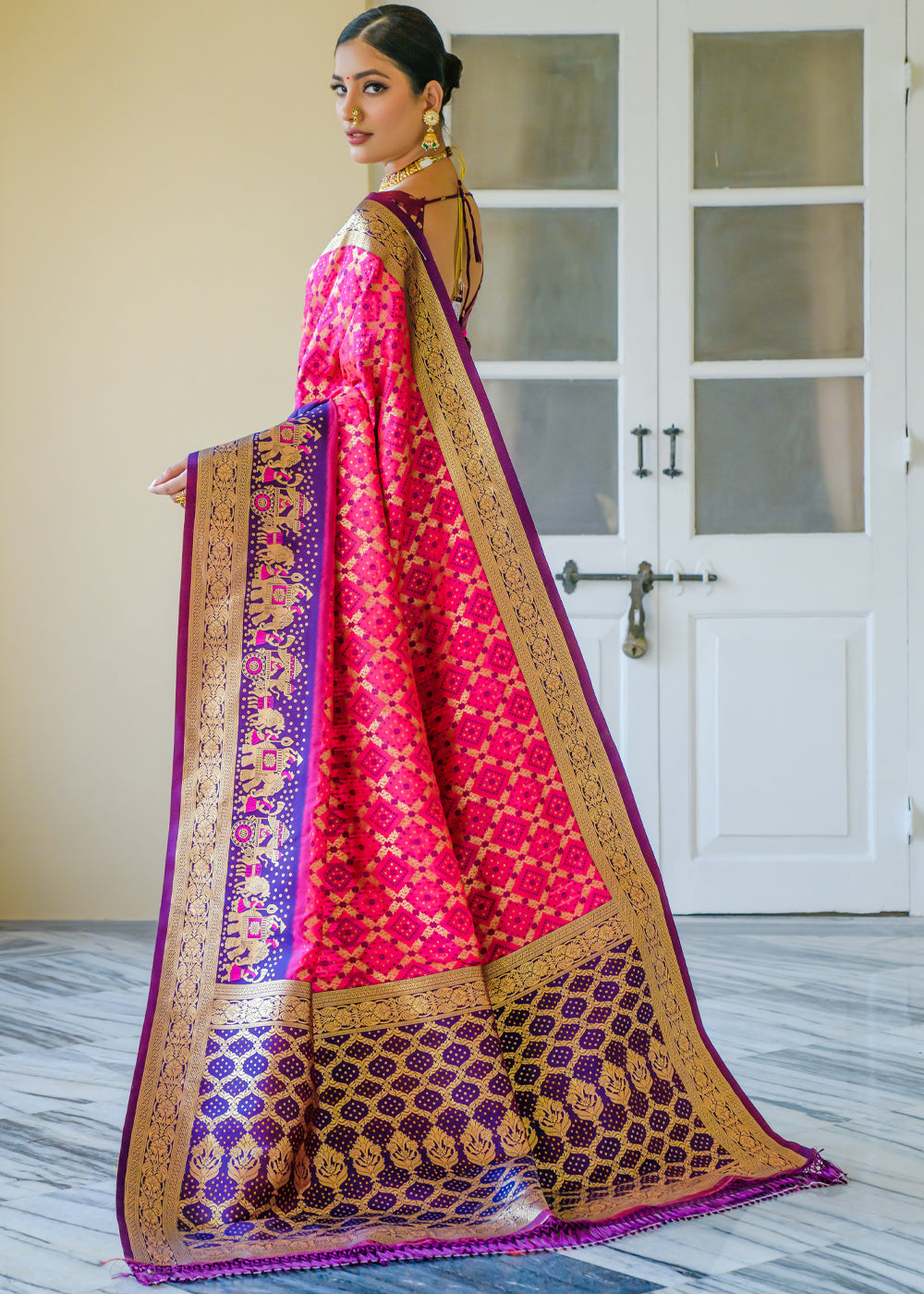 Magenta Pink Woven Banarasi Bandhani Silk Saree