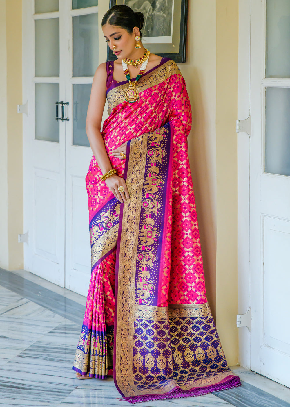 Magenta Pink Woven Banarasi Bandhani Silk Saree