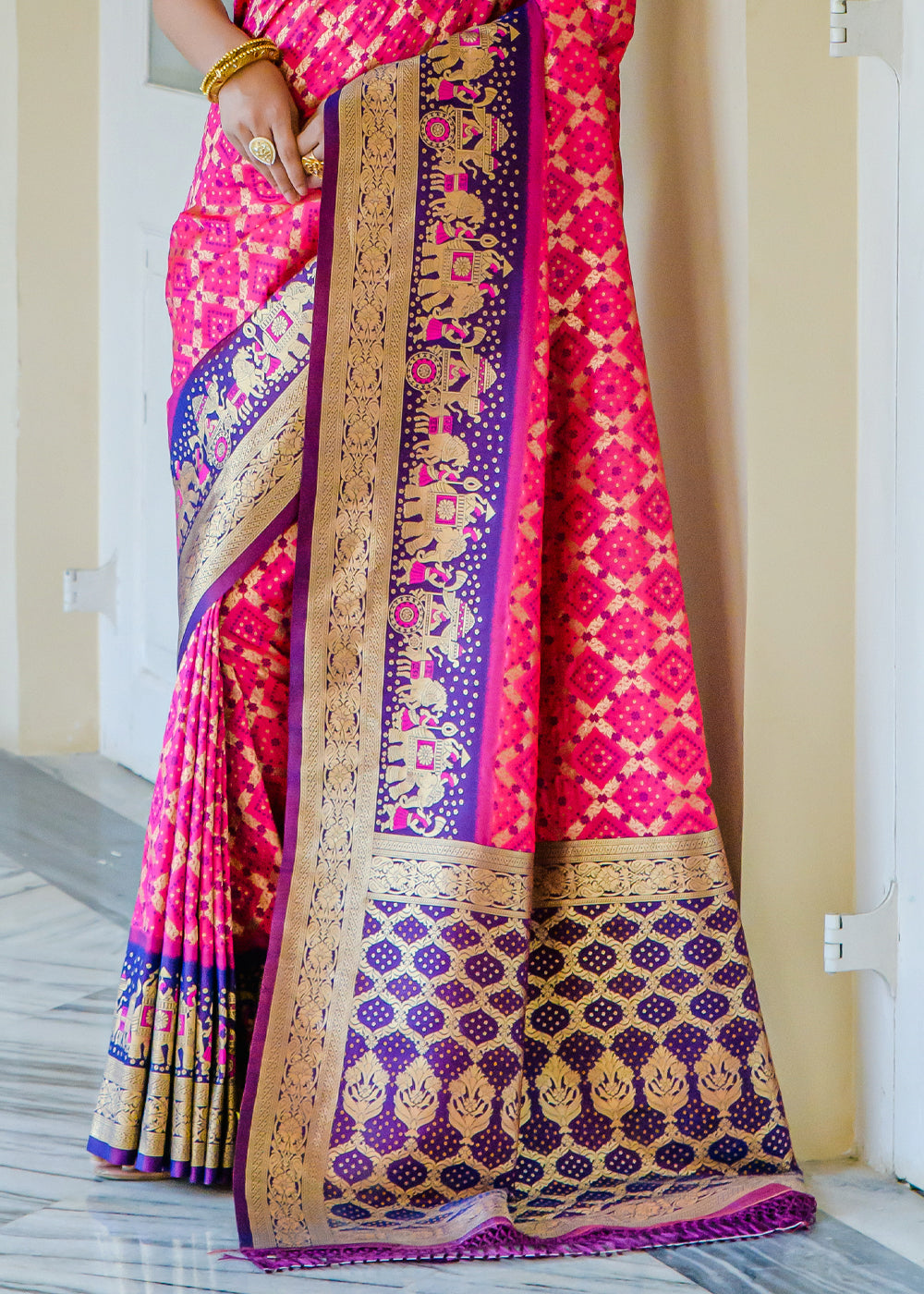 Magenta Pink Woven Banarasi Bandhani Silk Saree