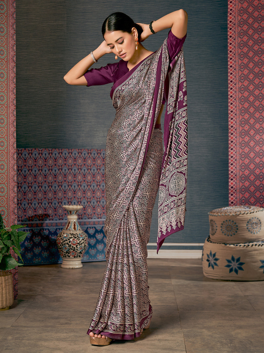 Congo Purple and Grey Digital Printed Ajrakh Satin Crepe Saree