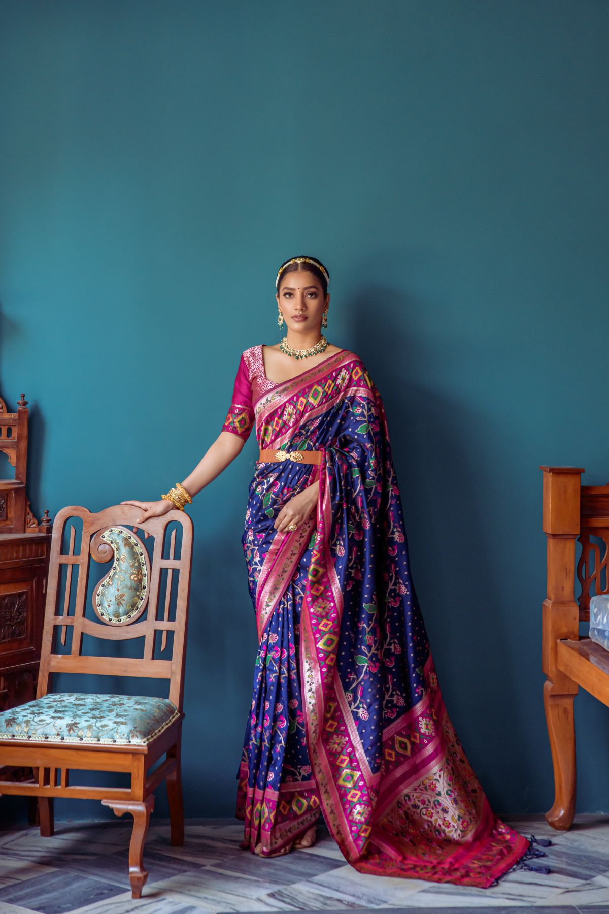 Navy Blue Patola Fusion Paithani Silk Saree