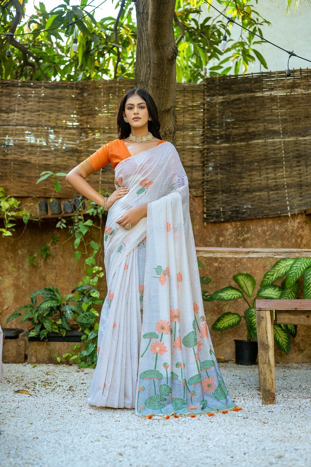 Orange and White Muga Cotton Saree