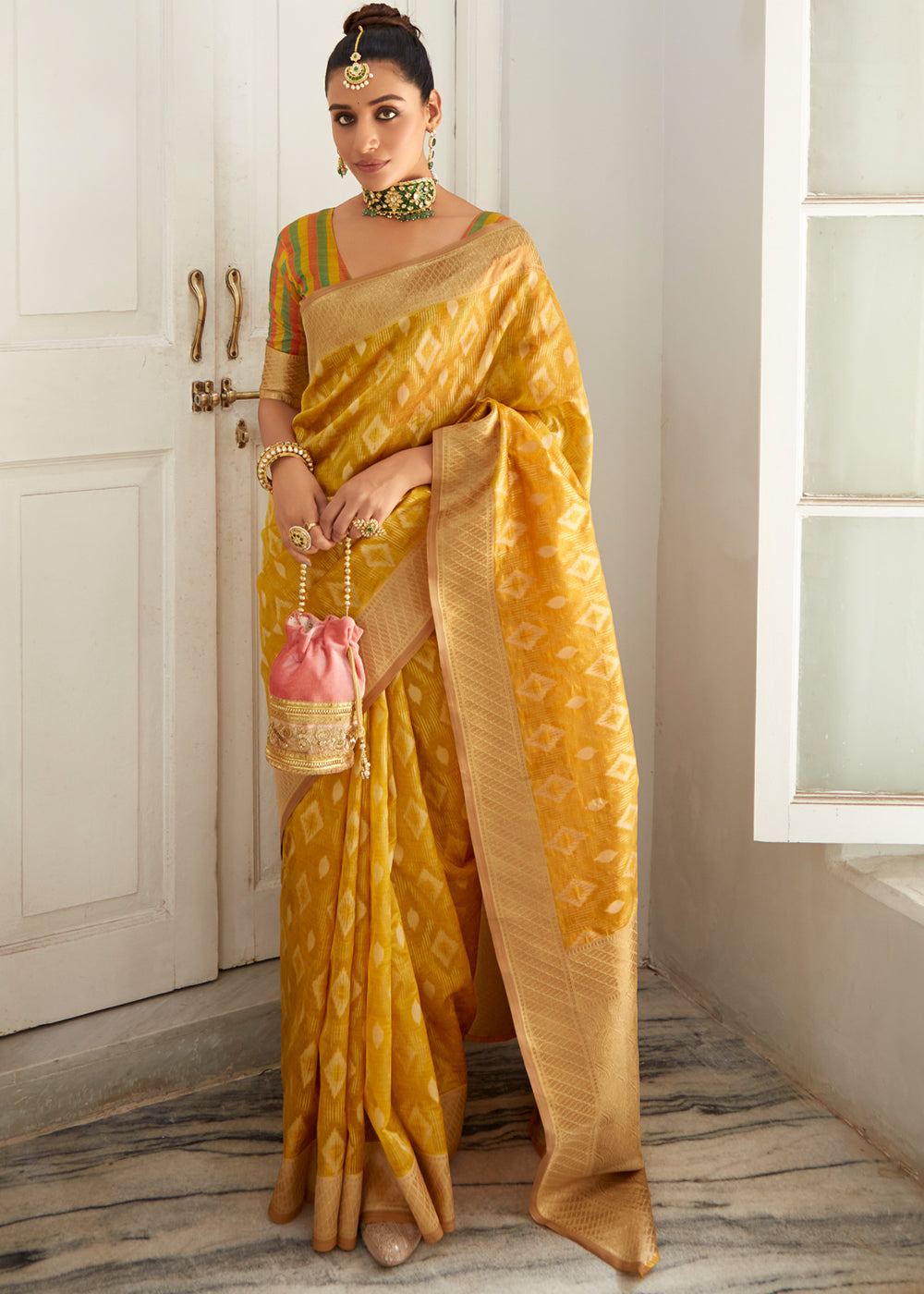 Porsche Yellow Woven Banarasi Organza Silk Saree